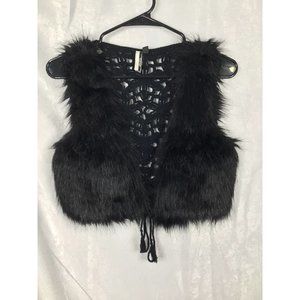 Women's Top Shop Faux Fur Open Knit Black Vest Tie Bottom Small